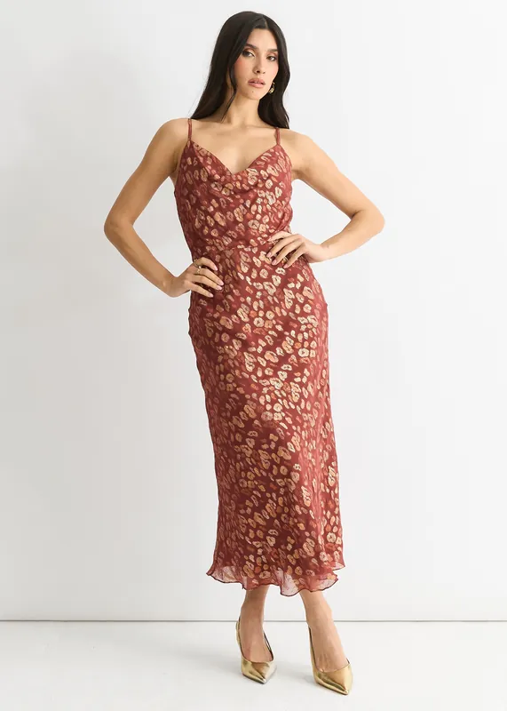 Brown Viscose Animal Jacquard Cowl Midi Dress - Gini London