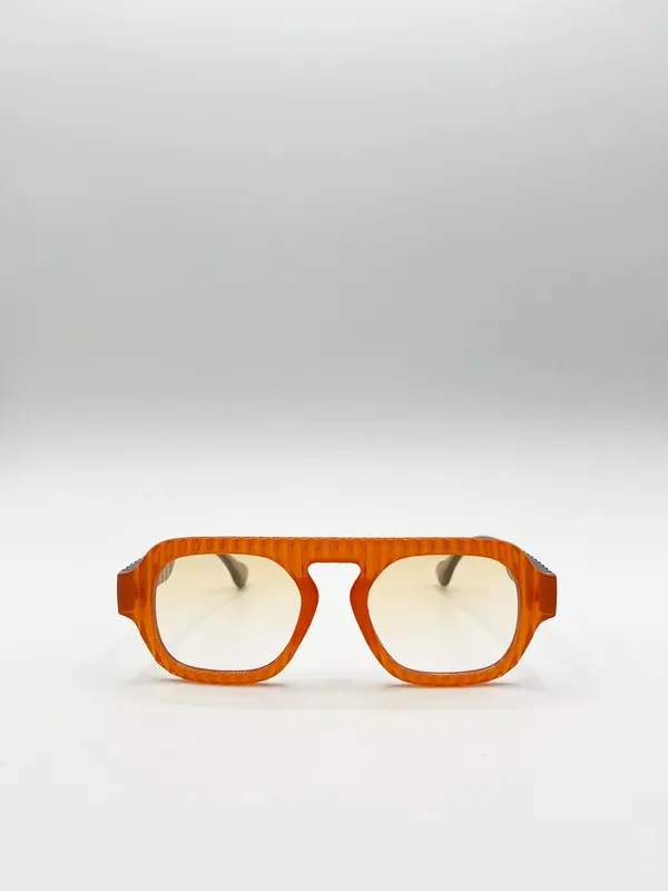 Retro Ribbed Navigator Sunglasses in Orange Grey - SVNX