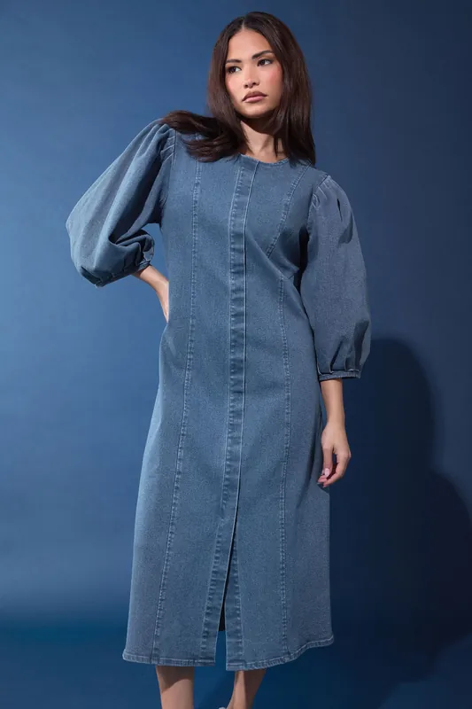 Petite Puff Sleeve Midi Dress - PixieGirl