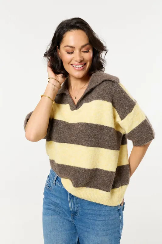 Brown And Light Yellow Stripe Wool Blend Knitted Polo Jumper - Liquorish