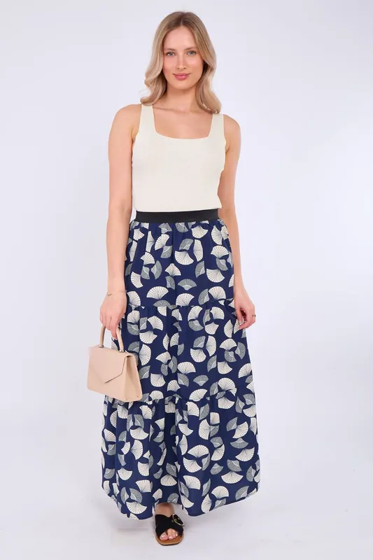 Navy Ginkgo Print Tiered Maxi Skirt - Love Sunshine