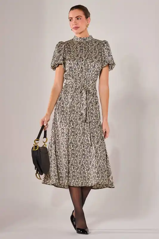 Puff Sleeve Tie Waist Midi Dress - Jolie Moi