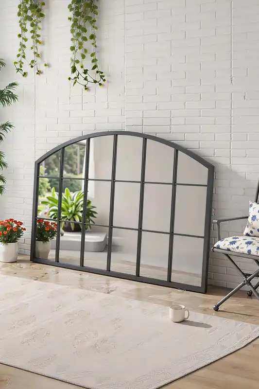 Modern Black Metal Arched Grid Decor Window Mirror, 110cm W x 70cm H - Living and Home