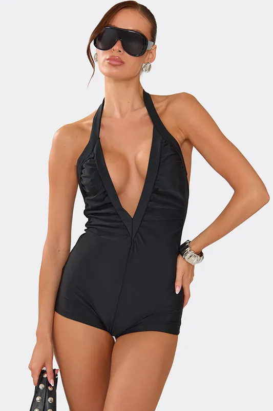 Sleeveless Halter Neck Ruched Playsuit - EGO