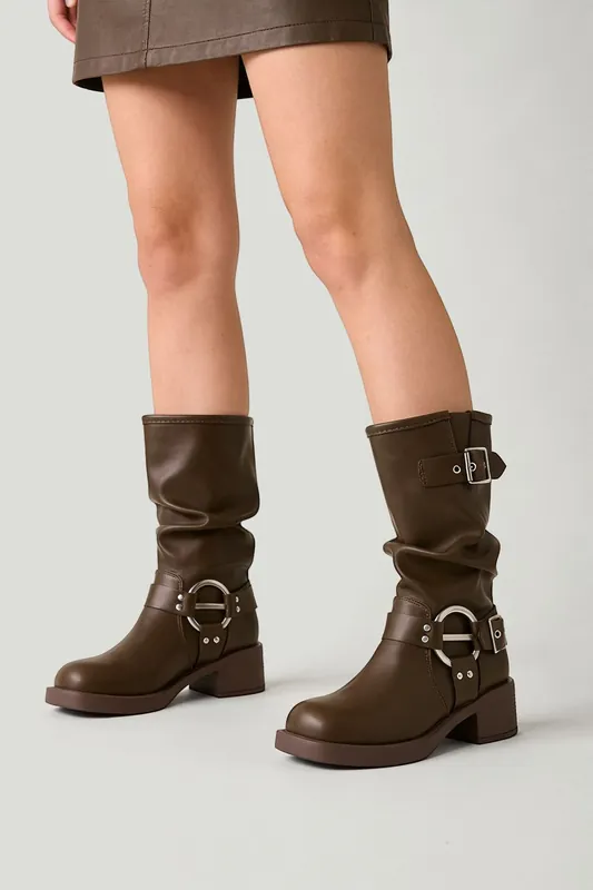 PU Leather Fashionable Western-Style Mid-Calf Boots