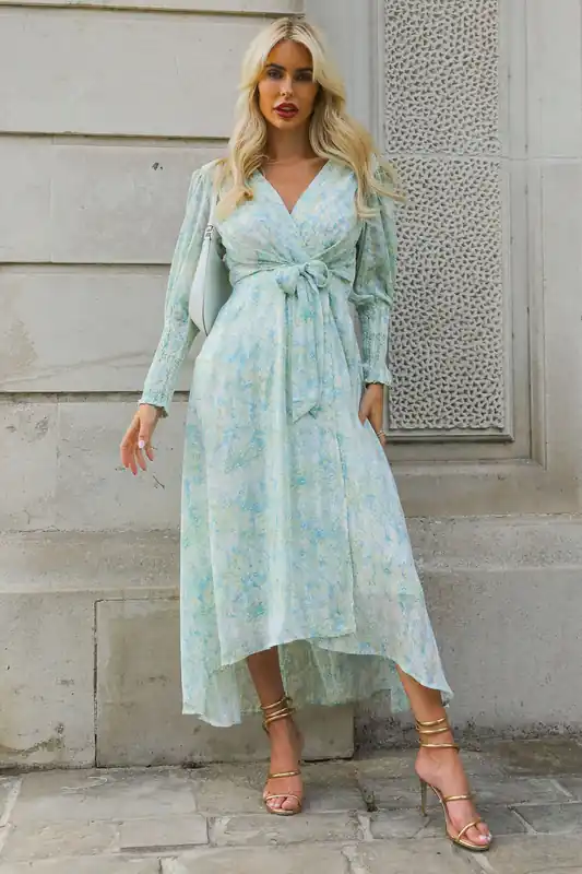 V Neck Tie Waist Puff Sleeve Maxi Dress - Jolie Moi