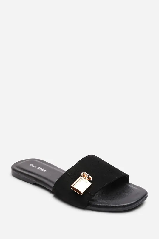 Solana' Gold Trim Flat Suede Slide On Sandal - Where's That From