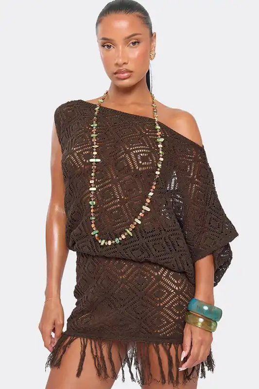 Long Sleeve Tasseled Crochet Mini Dress - EGO