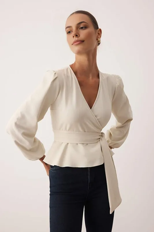 Tie Front Woven Blouse With V-Neck Detail