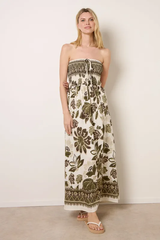 Khaki Flower Print Bandeau Maxi Dress - Blue Vanilla