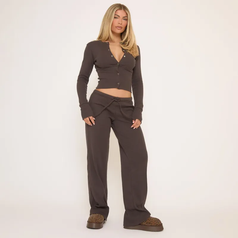 Wide Leg Ribbed Mid Rise Drawstring Waist Trousers - EGO