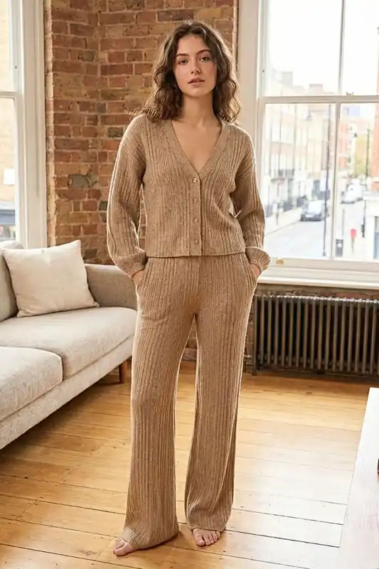 Beige V-Neck Cardigan Matching Wide-Leg Trousers Co-Ord Set