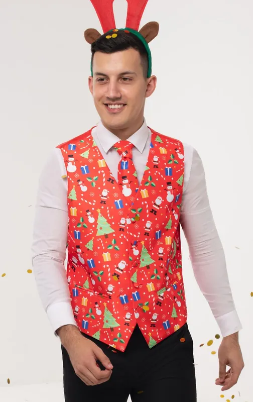 Red Festive Fun Christmas Waistcoat - Dobell