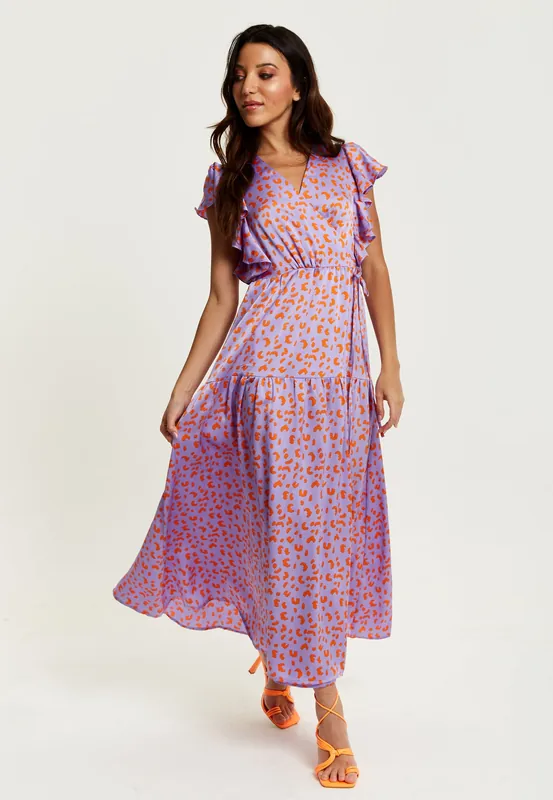 Cheetah Print Maxi Wrap Dress In Lilac And Orange - Liquorish