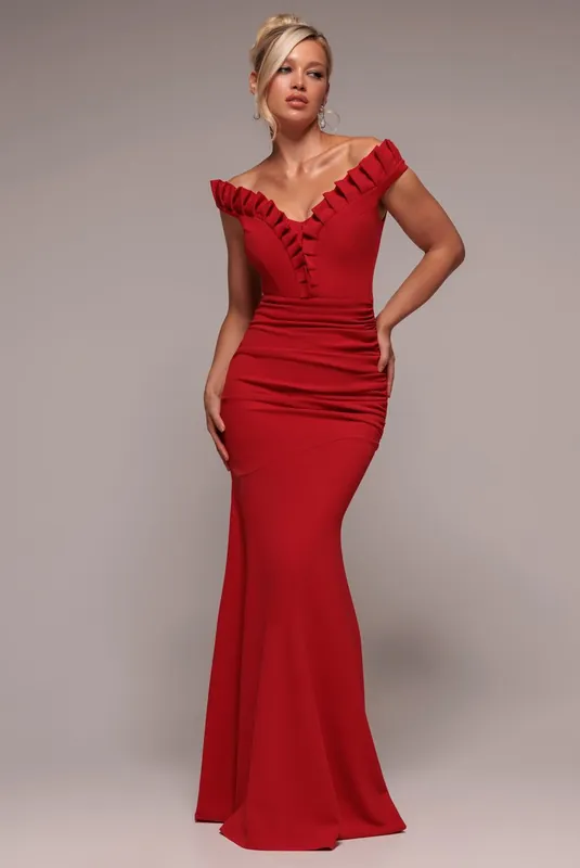 Off The Shoulder Frill Gathered Maxi Dress - Goddiva