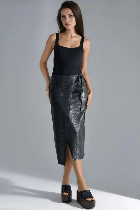 Faux Leather Midi Skirt with Bow Detail - Busem