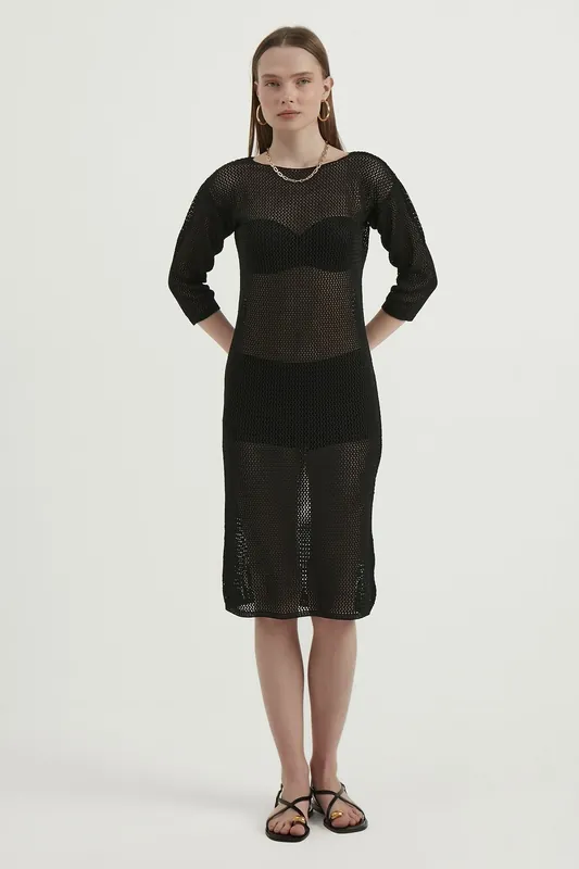 Knitted Mesh Round Neck Midi Dress - Hiccup