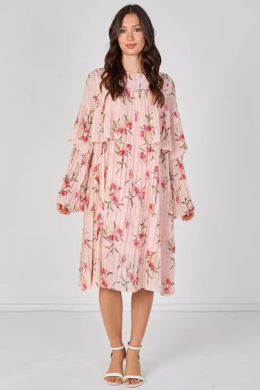 Blush Pink Floral Pleated Smock Dress - ELAINA FASHION