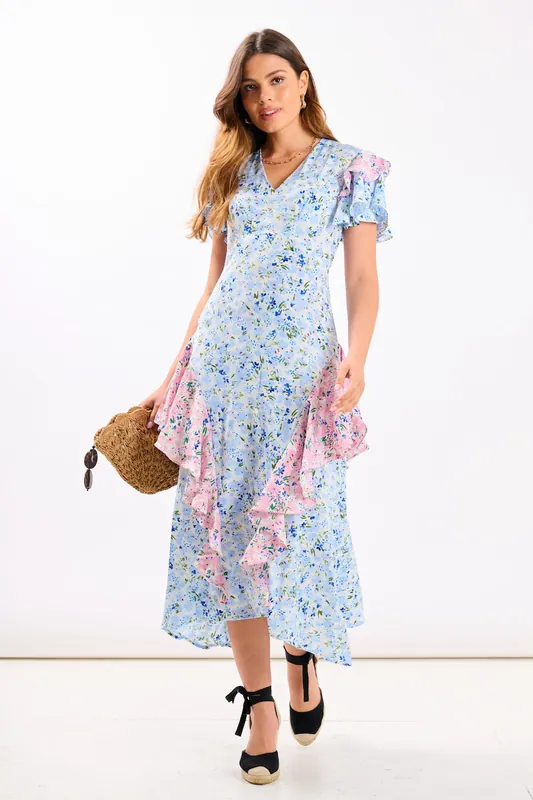 Blue Ditsy Floral Ruffle Mix and Match Midi Dress - Needs No Label