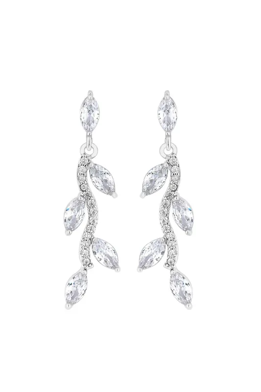 Silver Crystal Leaf Drop Earrings - Jon Richard