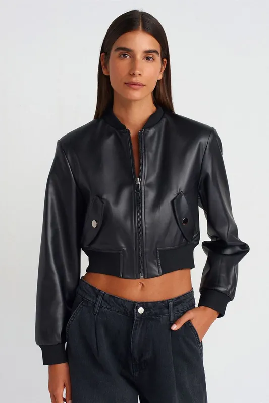 Women's Cropped Faux Leather Bomber Jacket - Dilvin