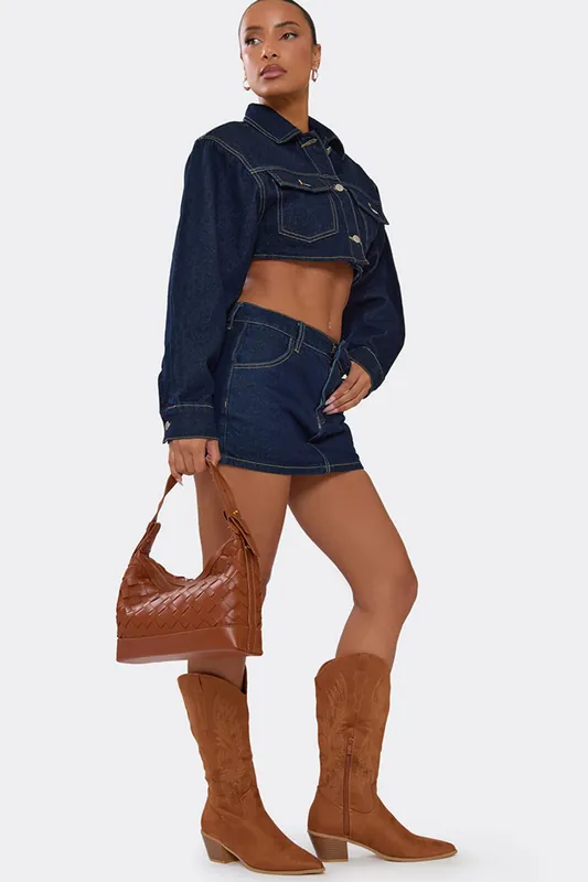 Western Cowboy Embroidered Faux Suede Block Heel Boots - EGO