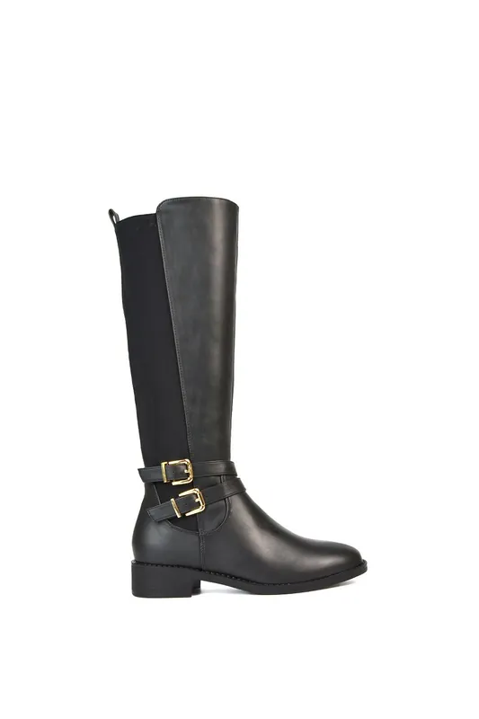 Charlie'' Flat Heel Zip Up Knee High Stretchy Boots With Buckle - XY London