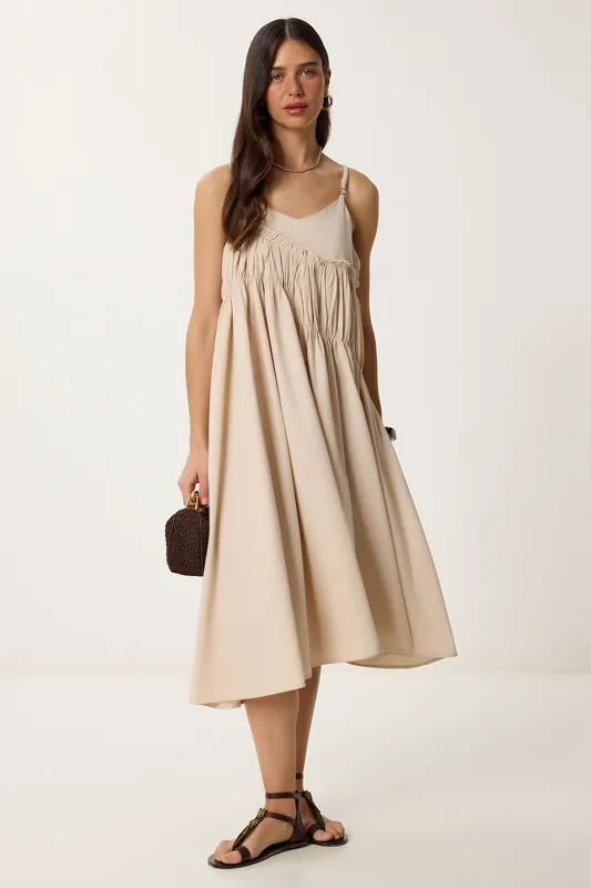 Ruffled U Collar Midi Dress - Happiness Istanbul