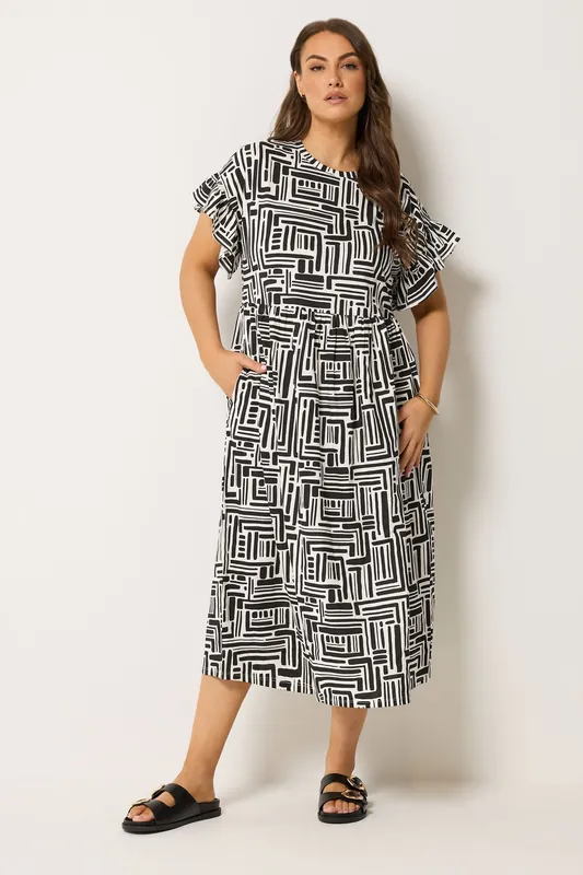 Abstract Frill Sleeve Midi Dress - Yours