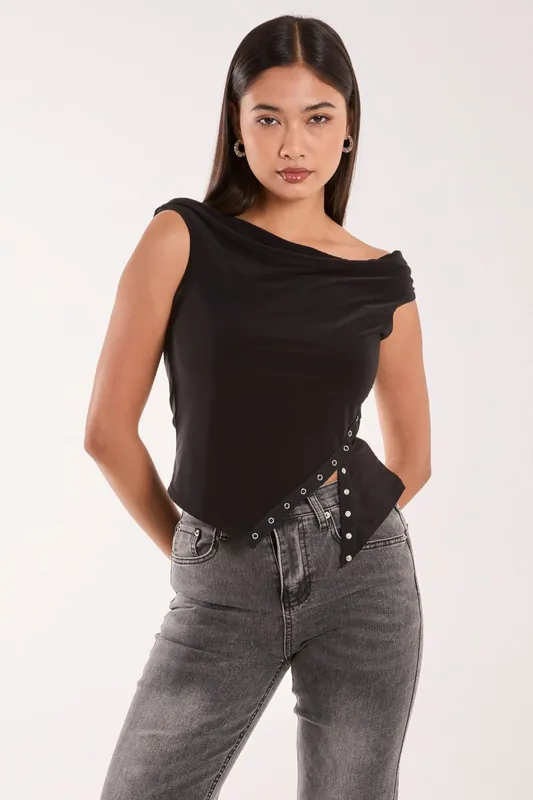 Slinky Off Shoulder Popper Split Top - Pink Vanilla