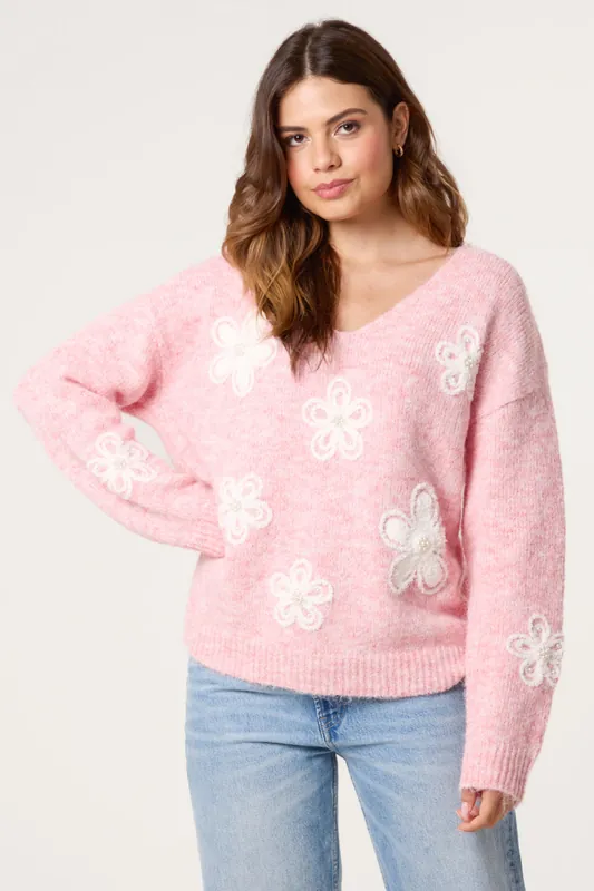 Pink V Neck Flower And Pearl Jumper - Blue Vanilla