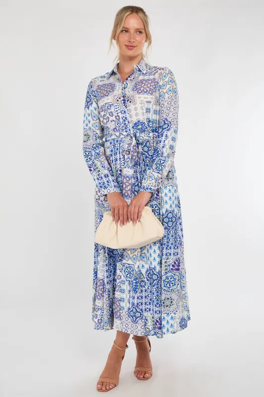 Blue and White Tile Print Maxi Shirt Dress - Love Sunshine