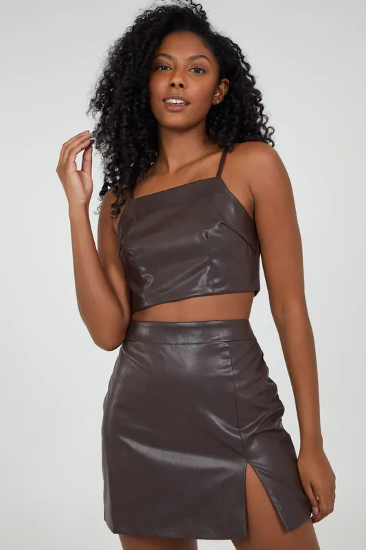 Brown PU Crop Cami Top - Pink Vanilla