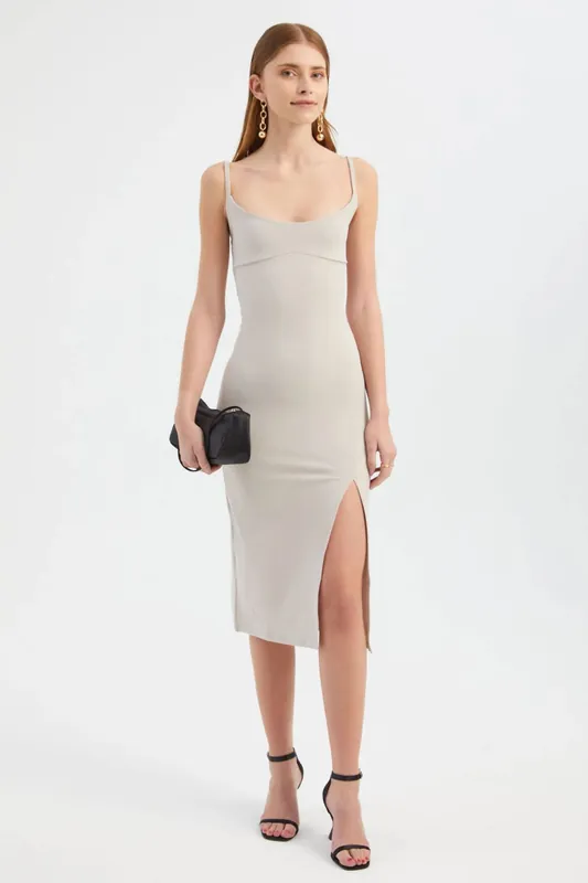 Scoop Neck Spaghetti Strap Midi Bodycon Dress with a Side Slit - Hiccup