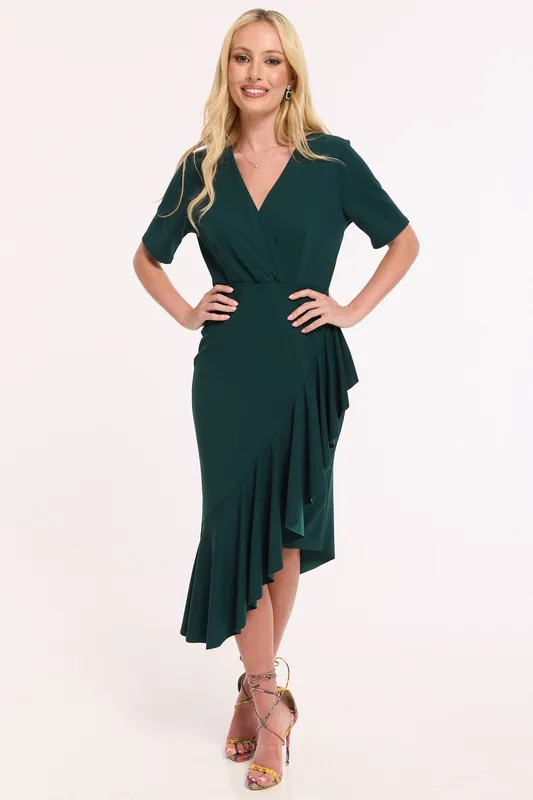 Emerald Green Frill Wrap Midi Dress - Liquorish