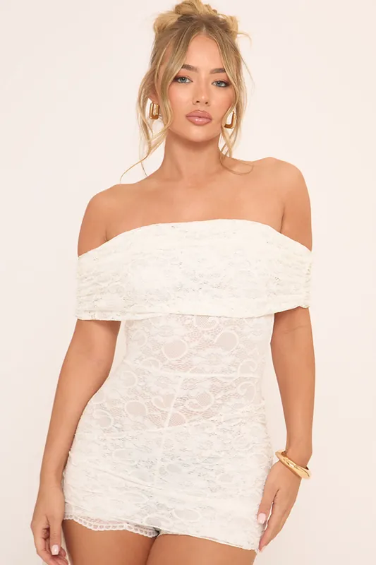 Long Sleeve Bandeau Tie Waist Lace Mini Playsuit - EGO