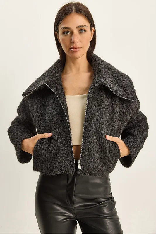Textured Plush Bomber with Zipper Closure - Bianco Lucci