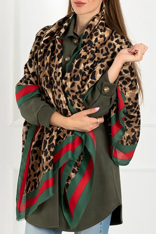 Leopard & Strip Print Fringed edges Scarf In Green & Red - FS Collection
