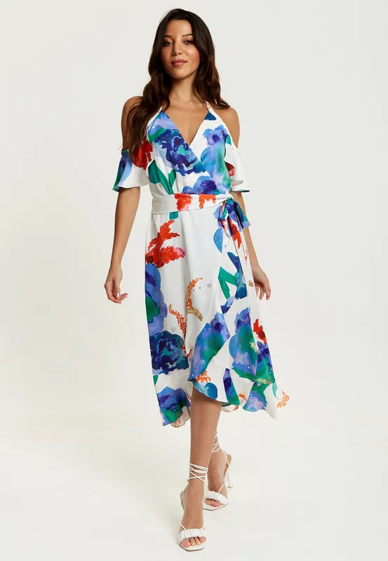 Floral Print White Based Midi Wrap Dress With Long Sleeves - Liquorish