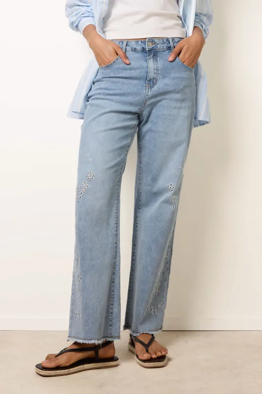Light Blue Broidery Side Detail Jeans - Blue Vanilla
