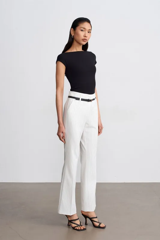 High-waist Striped Flare Trousers With Belt