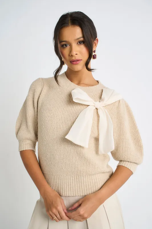 Mocha Chiffon Bow Knitted Jumper - Gini London