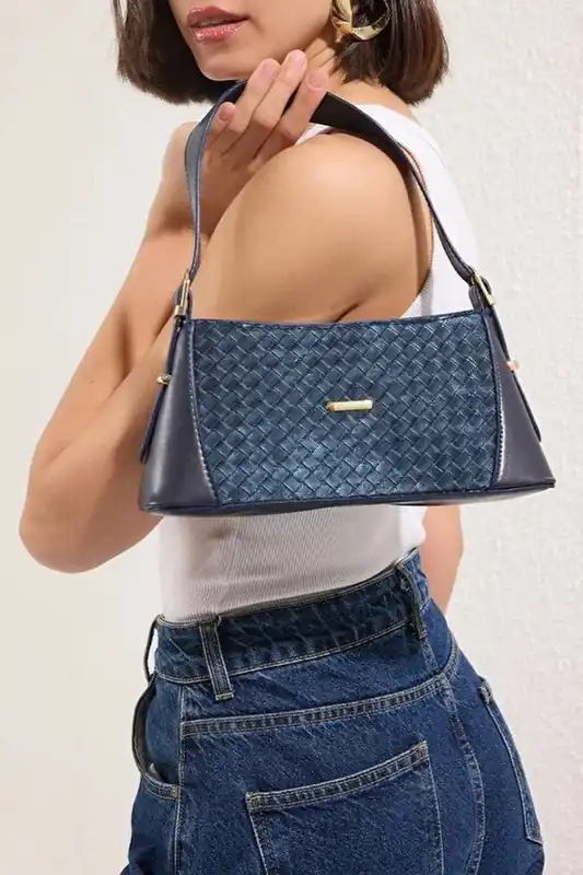 Woven Panel Shoulder Bag with Gold Hardware - WOVCOR