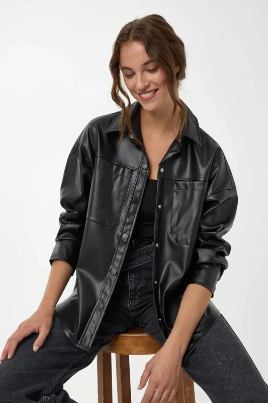 Faux Leather Oversized Shirt - Hiccup
