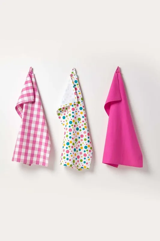 Multi Colour Polka Dot Cotton Tea Towels Set Of Three - Homescapes