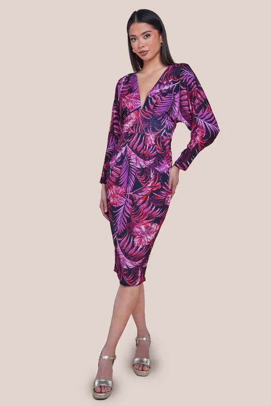 Tropical Print Midi With Batwing Sleeves - Goddiva