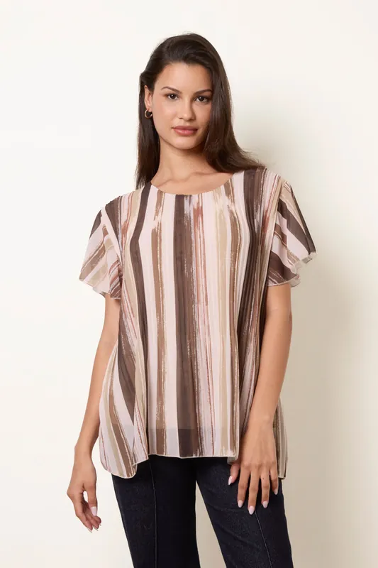 Light Brown Short Sleeve Pleated Paint Top - Blue Vanilla