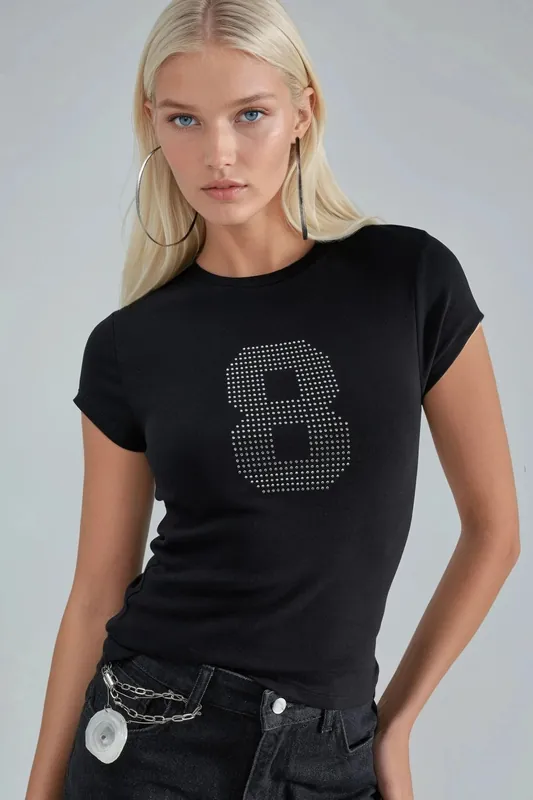 Short Sleeve Stretch Knit T-Shirt with Stone Detail