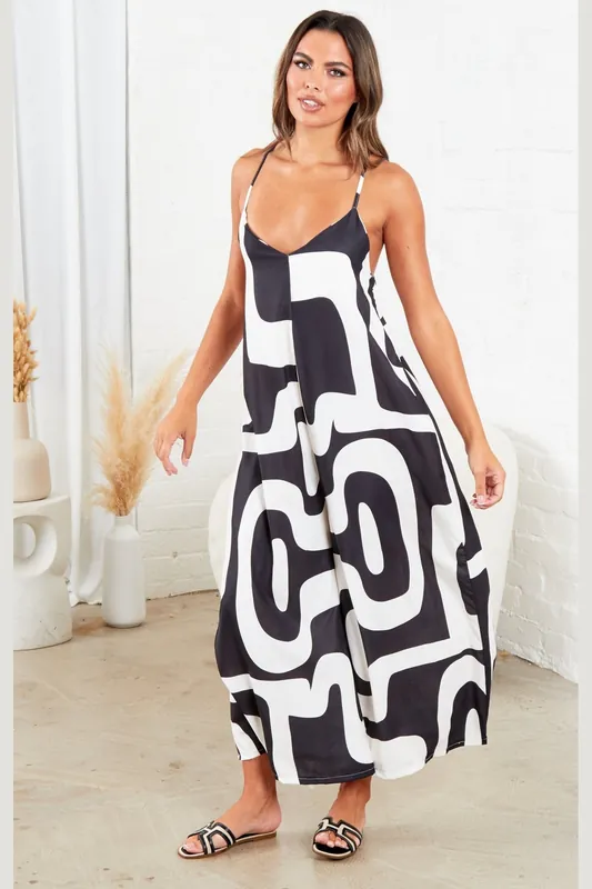 Strappy Backless Geometric Print Wide Leg Jumpsuit - Femme Luxe