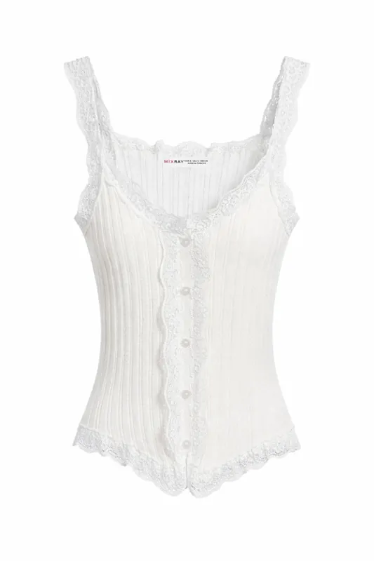 Fitted sleeveless lace ribbed blouse with buttons - MixRay